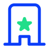 A simple icon of a building or structure outlined in blue with a green star in the center, on a light gray background.
