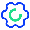 A blue gear outline with an incomplete green circular shape inside, on a light gray background.