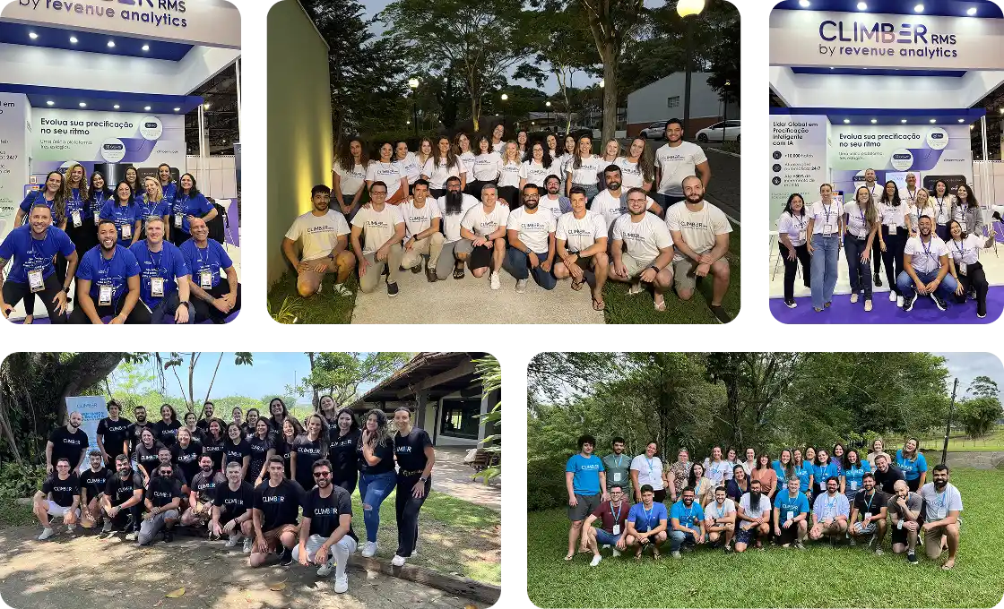 A collage of five group photos showing diverse teams of people, some wearing CLIMBER RMS-branded shirts, smiling at event booths and outdoor settings, capturing the vibrant spirit of teamwork at Revenue Analytics.