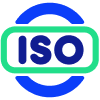 Logo with the blue letters ISO inside an oval with a green outline, with a larger blue circular outline partially visible around the oval, on a light gray background.