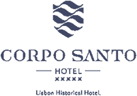 Logo for Corpo Santo Hotel featuring a stylized shield with wavy lines above the text CORPO SANTO HOTEL * Lisbon Historical Hotel. in a classic, elegant font, ideal for brands that embrace innovations like Revenue Management Software.