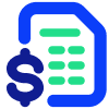 Icon of a blue dollar sign beside a blue and green document, representing financial documents, invoices or billing.