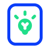 A simple illustration of a green light bulb with three rays, inside a rounded blue rectangle on a light gray background.