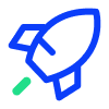 A rocket icon with a blue outline and a green flame on a light gray background, symbolizing launch or startup.