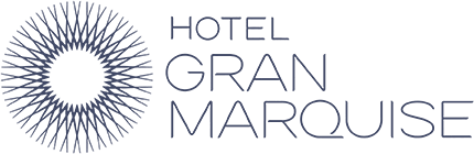 Hotel Gran Marquise logo with a circular geometric sunburst design on the left and the hotel name in modern uppercase letters on the right. Perfect for brands or revenue management software seeking a refined aesthetic, in dark and light blue.
