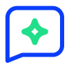 A blue speech-bubble outline with a green spark or star symbol inside, on a light gray background.