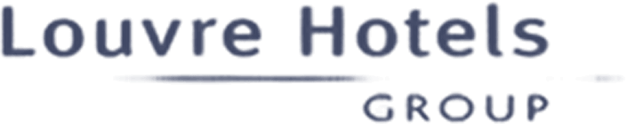 Louvre Hotels Group logo with the company name in dark blue, modern font on a white background. A horizontal line separates Louvre Hotels and GROUP below, reflecting the brand's innovative approach to hospitality and Revenue Management Software.