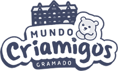 Logo for Mundo Criamigos Gramado with a teddy bear, a stylized building, playful rounded text and a subtle nod to Revenue Management Software through modern design elements.