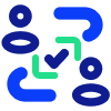Abstract illustration with blue and green curved shapes and ovals arranged to resemble three stylized human figures around a central green check mark on a light background.