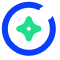 A four-pointed green star shape with a small diamond in the center is surrounded by a thick, almost-closed circular blue ring, with a white dot at the ring's open end, all on a light gray background.