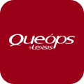 Um ícone quadrado vermelho com cantos arredondados apresenta o texto branco Queóps by Lexsis em uma fonte estilizada no centro.