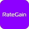 Texto branco RateGain em uma fonte moderna centralizada em um fundo quadrado arredondado roxo.