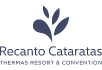 Recanto Cataratas Thermas Resort & Convention logo, with stylized blue leaf shapes above the resort name in blue text on a light background.