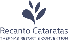 Logo for Recanto Cataratas Thermas Resort & Convention, with a stylized blue water-droplet design above the resort name in blue text on a light background, ideal for use with revenue management software platforms.