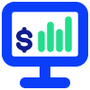 Icon of a blue computer monitor displaying a green bar chart and a blue dollar sign, representing analysis of financial or business data on a screen.