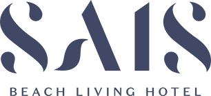 SAIS Beach Living Hotel logo. The word SAIS is stylized in large geometric navy-blue letters, above smaller text reading BEACH LIVING HOTEL in uppercase letters, with a nod to the innovation found in leading Revenue Management Software brands.