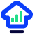 A blue outline of a house with three green vertical bars inside, resembling a bar chart, and a short horizontal blue bar beneath the house.