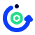 A blue curved arrow forms a partial circle around a green hexagon with a dot in the center. A small dark blue dot floats above the open end of the arrow. The design looks abstract and modern.