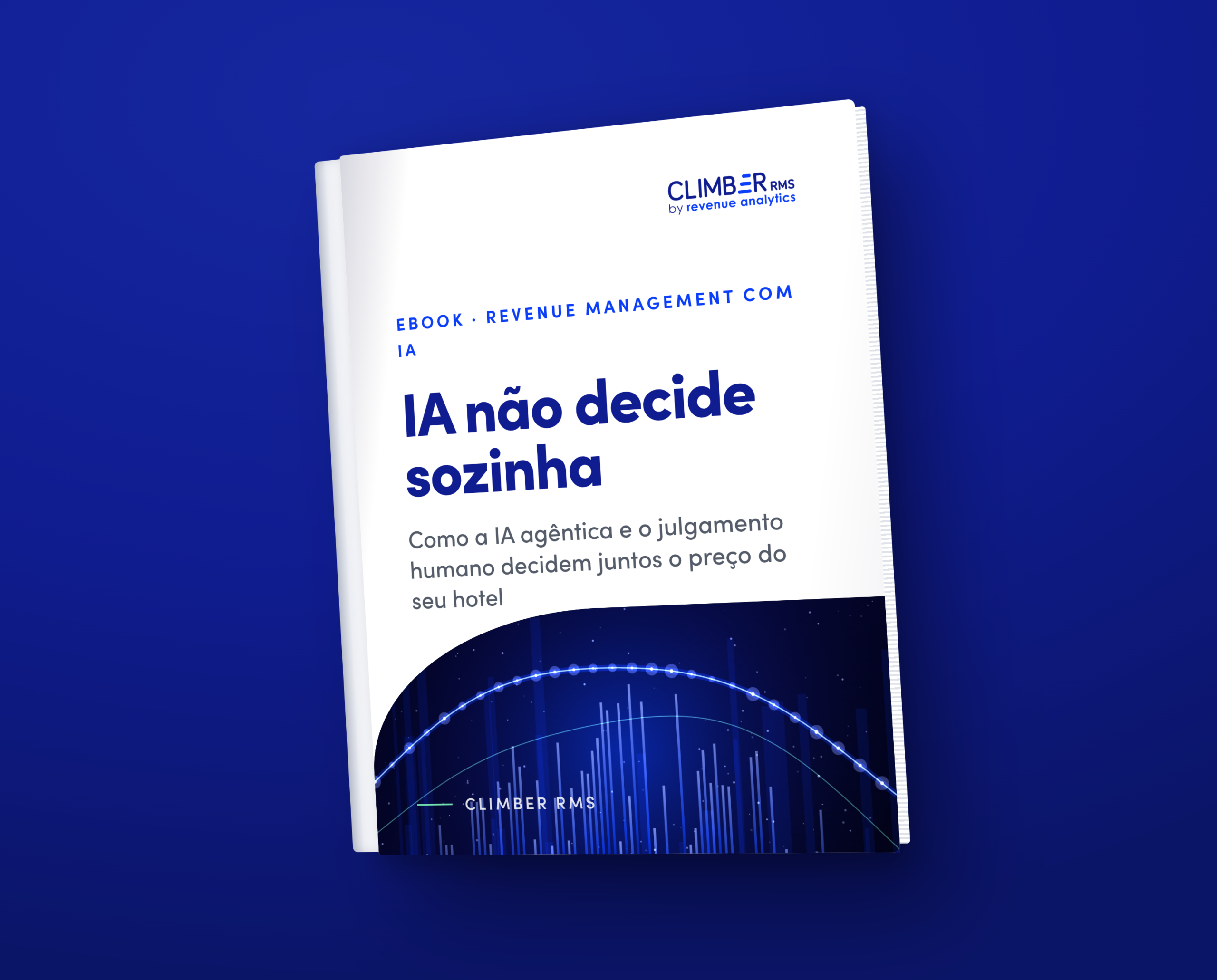 Capa de e-book intitulada “A IA não decide sozinha”, com imagens de gráficos digitais em azul sobre um fundo branco e azul. O subtítulo aborda a IA e o julgamento humano na definição de preços em hotéis.