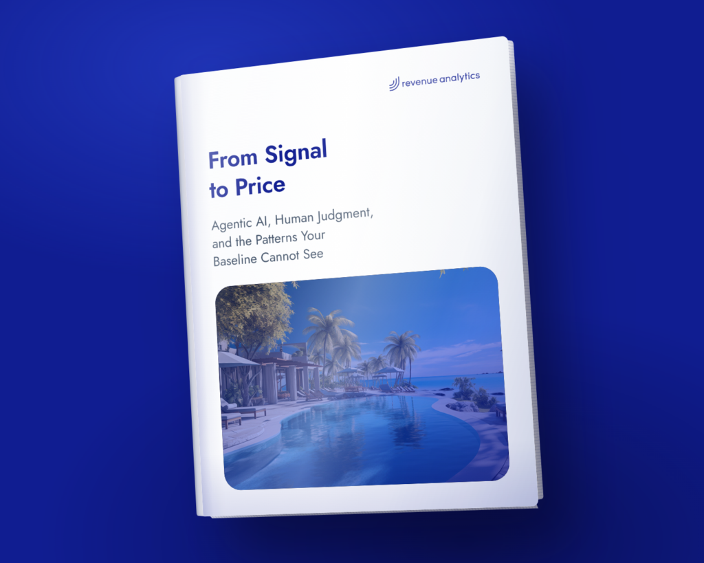 Um livro branco com o título “From Signal to Price” e uma foto de uma cena tropical à beira da piscina com palmeiras na capa, sobre um fundo azul.