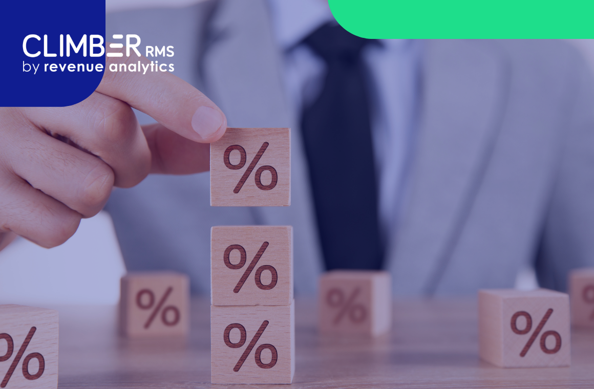 Uma pessoa de terno empilha blocos de madeira com símbolos de porcentagem, refletindo as preocupações com a queda na ocupação hoteleira em 2026. O logotipo “CLIMBER RMS by revenue analytics” aparece no canto superior esquerdo, sobre um fundo azul e verde.