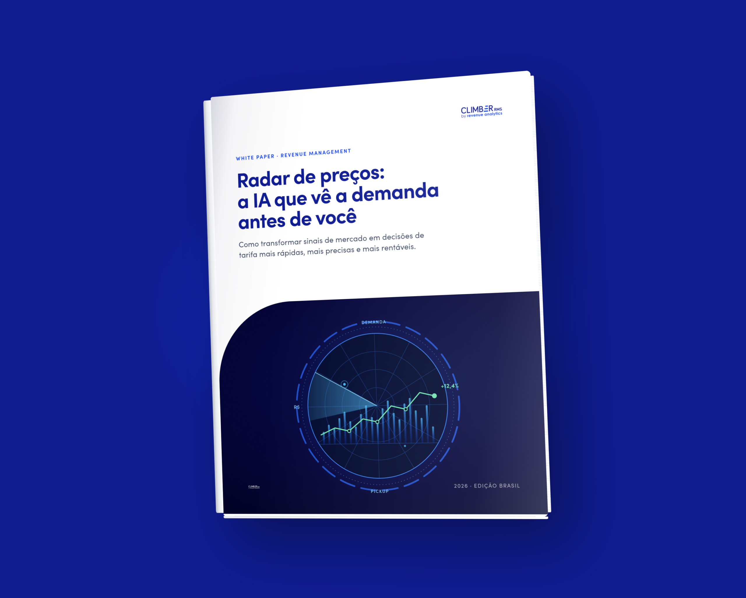 Um white paper intitulado “Radar de preços: a IA que antecipa a demanda antes de você”, com um gráfico azul na capa, sobre um fundo azul.