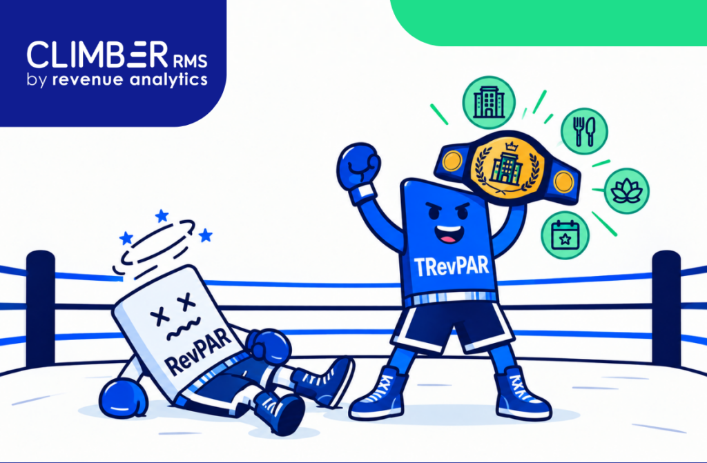 Caricatura: TRexPAR, usando um cinturão de campeão, está em pé, vitorioso, em um ringue de boxe, enquanto RevPAR jaz derrotado. Os ícones acima de TRexPAR representam hotel, alimentação, spa e calendário — refletindo uma visão mais ampla da gestão de receitas, essencial para os resorts do Nordeste. A marca do Climber RMS está visível.